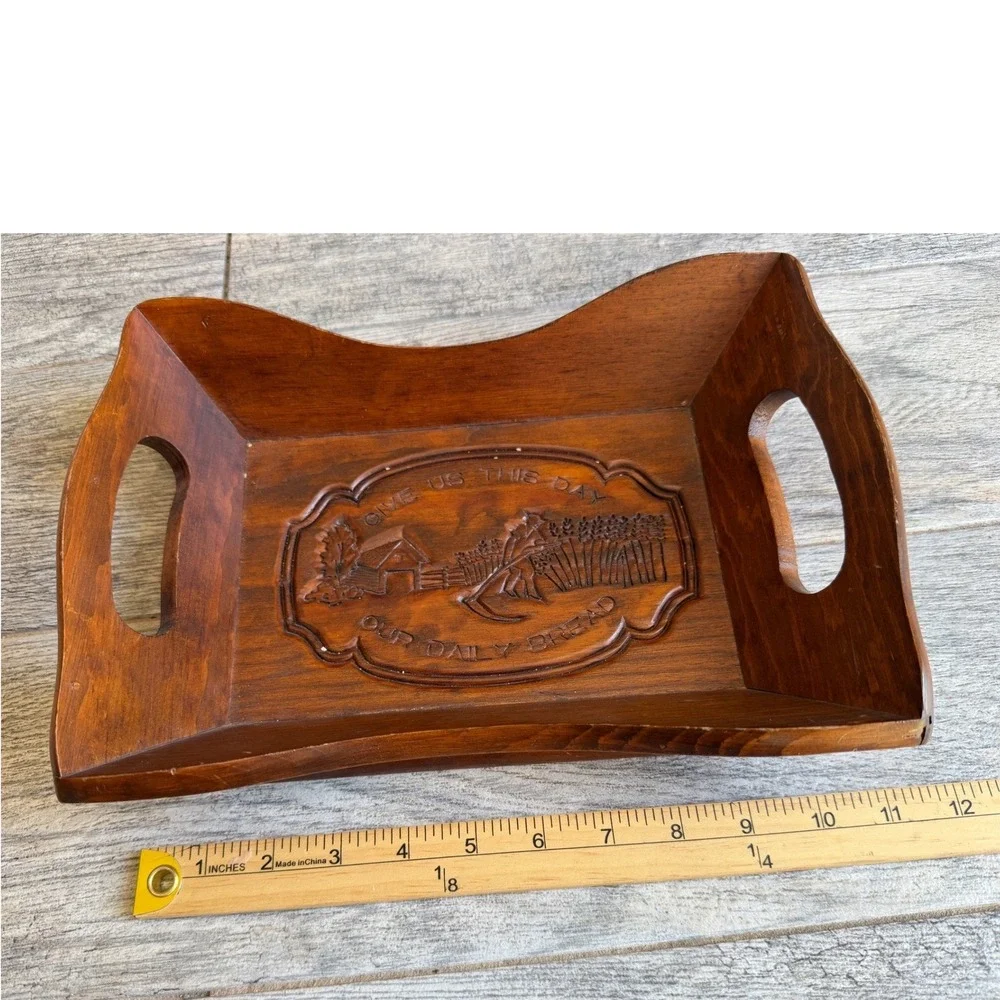 Wood‎ Bread Tray Engraved Give Us This Day Daily Cape Craftsmen Harvest Vintage